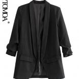 Kpytomoa Women Fashion With Pleated Sleeves Open Blazer Coat Vintage Long Sleeve Flap Pockets Female Outerwear Chic Vest