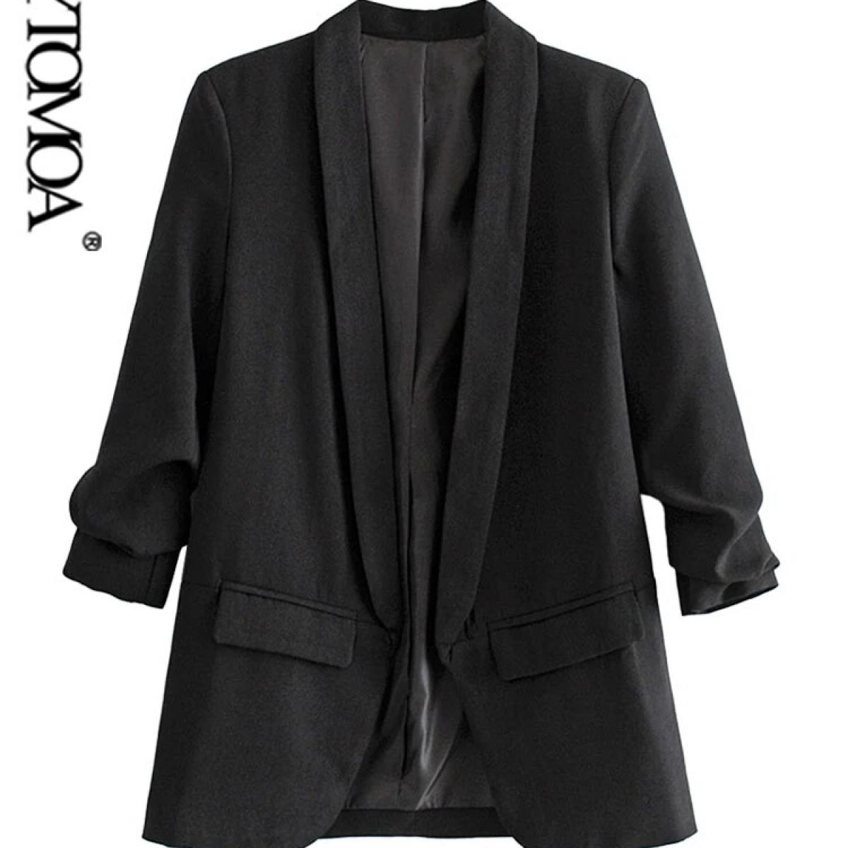 Kpytomoa Women Fashion With Pleated Sleeves Open Blazer Coat Vintage Long Sleeve Flap Pockets Female Outerwear Chic Vest
