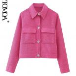 Kpytomoa Women Fashion With Pockets Tweed Cropped Blazer Coat Vintage Lapel Collar Long Sleeve Female Outerwear Chic Top