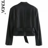 Kpytomoa Women Fashion With Belt Front Button Cropped Blazer Coat Vintage Notched Collar Long Sleeves Female Outerwear C