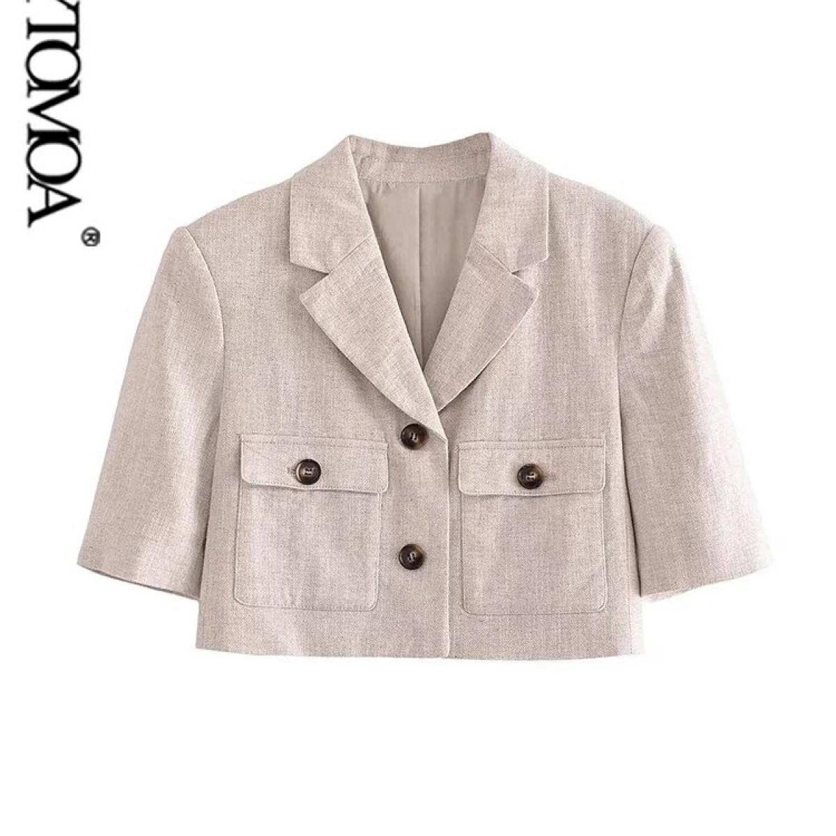 Kpytomoa Women Fashion With Pockets Linen Cropped Blazer Coat Vintage Short Sleeve Front Button Female Outerwear Chic To