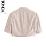 Kpytomoa Women Fashion With Pockets Linen Cropped Blazer Coat Vintage Short Sleeve Front Button Female Outerwear Chic To
