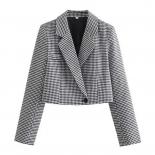 Kpytomoa Women Fashion Houndstooth Cropped Blazer Coat Vintage Long Sleeve Front Button Female Outerwear Chic Tops