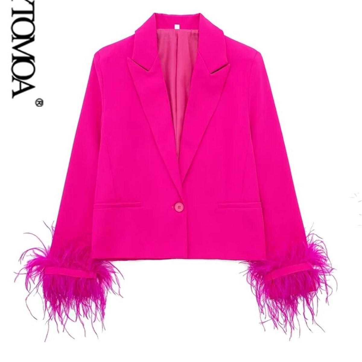 Kpytomoa Women Fashion With Feathers Cropped Blazer Coat Vintage Long Sleeve Front Button Female Outerwear Chic Tops