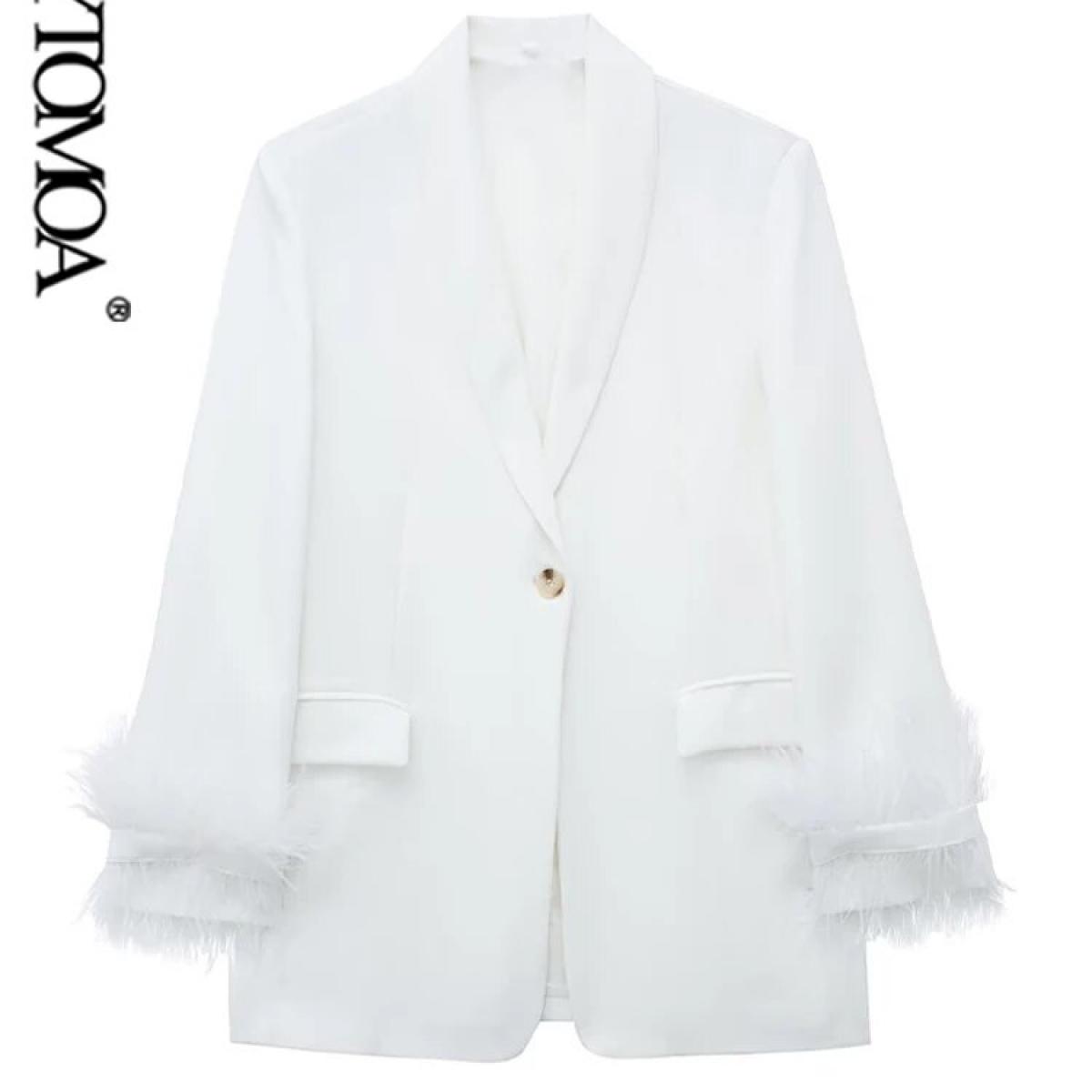 Kpytomoa Women Fashion With Feathers Front Button White Blazer Coat Vintage Long Sleeve Flap Pockets Female Outerwear Ch