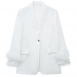 Kpytomoa Women Fashion With Feathers Front Button White Blazer Coat Vintage Long Sleeve Flap Pockets Female Outerwear Ch