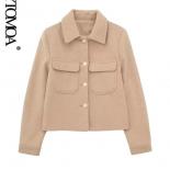 Kpytomoa moda feminina com bolsos recortado blazer de lã casaco vintage mangas compridas botão acima feminino outerwear chiques 