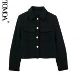 Kpytomoa Women Fashion With Pockets Cropped Woolen Blazer Coat Vintage Long Sleeves Button Up Female Outerwear Chic Tops
