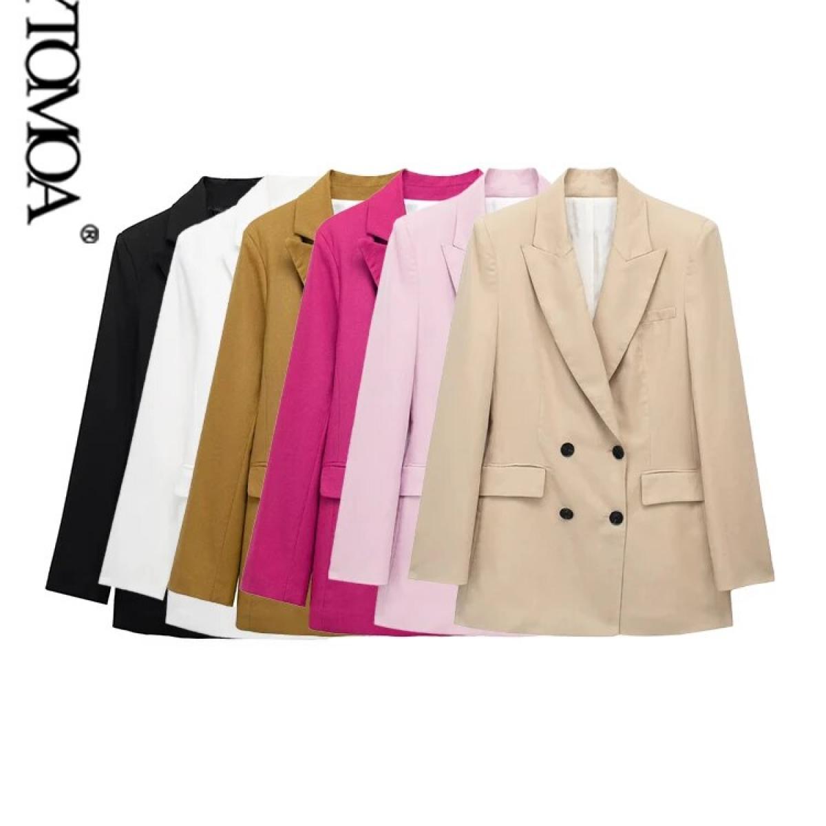 Kpytomoa Women Fashion Double Breasted Linen Blazer Coat Vintage Long Sleeve Flap Pockets Female Outerwear Chic Tops