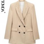 Kpytomoa Women Fashion Double Breasted Linen Blazer Coat Vintage Long Sleeve Flap Pockets Female Outerwear Chic Tops