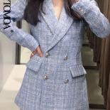 Kpytomoa Women Fashion Double Breasted Tweed Check Blazers Coat Vintage Long Sleeve Pockets Female Outerwear Chic Veste 