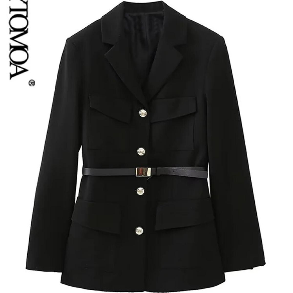 Kpytomoa Women Fashion With Belt Front Gold Button Blazer Coat Vintage Long Sleeve Patch Pockets Female Outerwear Chic T