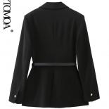 Kpytomoa Women Fashion With Belt Front Gold Button Blazer Coat Vintage Long Sleeve Patch Pockets Female Outerwear Chic T