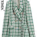 Kpytomoa Women Fashion Tweed Double Breasted Blazer Coat Vintage Long Sleeve Flap Pockets Female Outerwear Chic Veste Fe