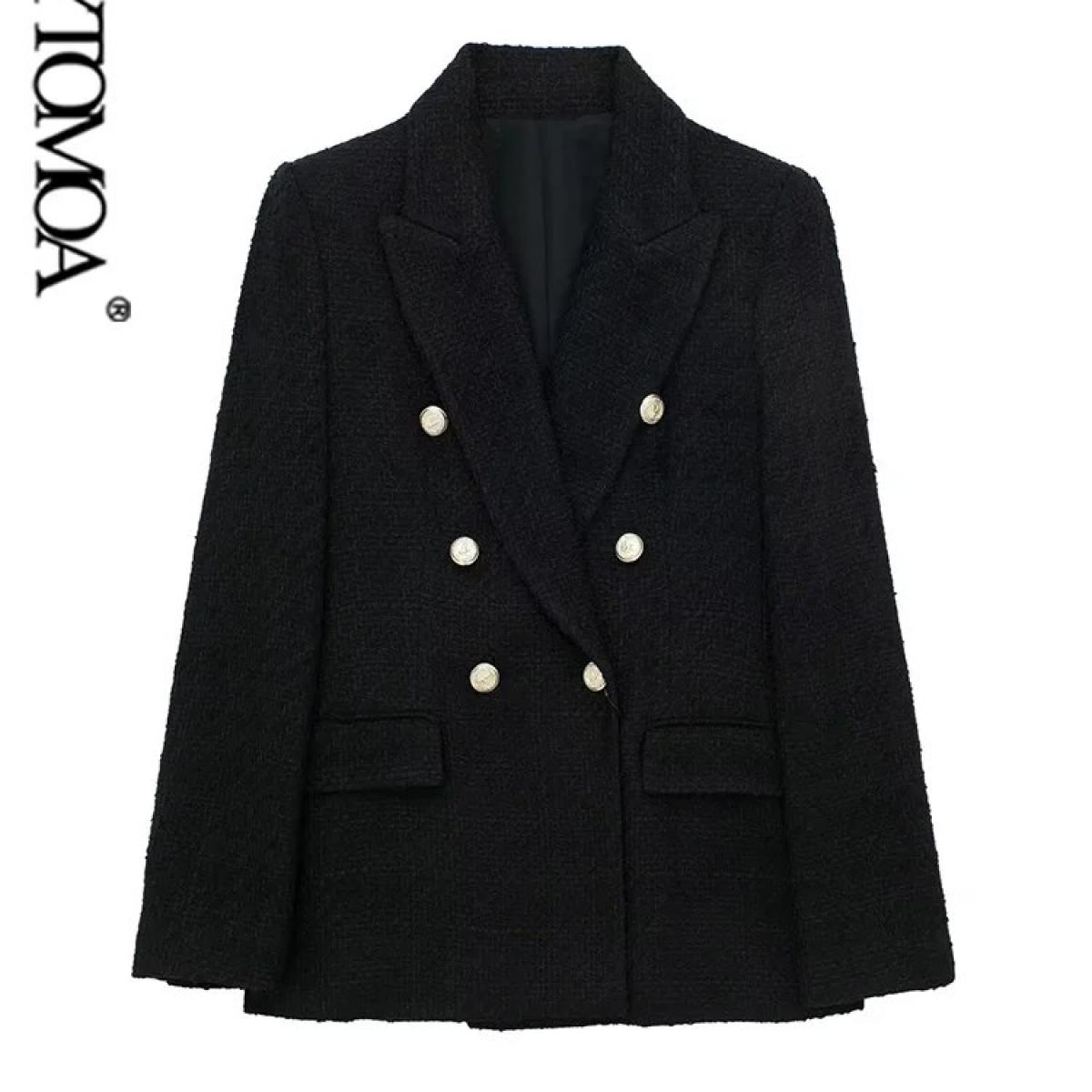 Kpytomoa moda feminina tweed duplo breasted blazer casaco vintage mangas compridas bolsos com aba outerwear feminino chiques top