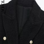 Kpytomoa Women Fashion Tweed Double Breasted Blazer Coat Vintage Long Sleeves Flap Pockets Female Outerwear Chic Tops
