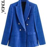 Kpytomoa Women  Fashion Tweed Double Breasted Blazer Coat Vintage Long Sleeve Flap Pockets Female Outerwear Chic Veste F