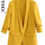 Kpytomoa Women Fashion Office Wear Basic Blazers Coat Vintage Pleated Long Sleeve Pockets Female Outerwear Chic Tops  Bl