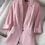 Xfpv Women's Casual Pink Striped Button Three Quarter Sleeve Loose Top Temperament Blazer Jacket Fashion New Autumn 2023
