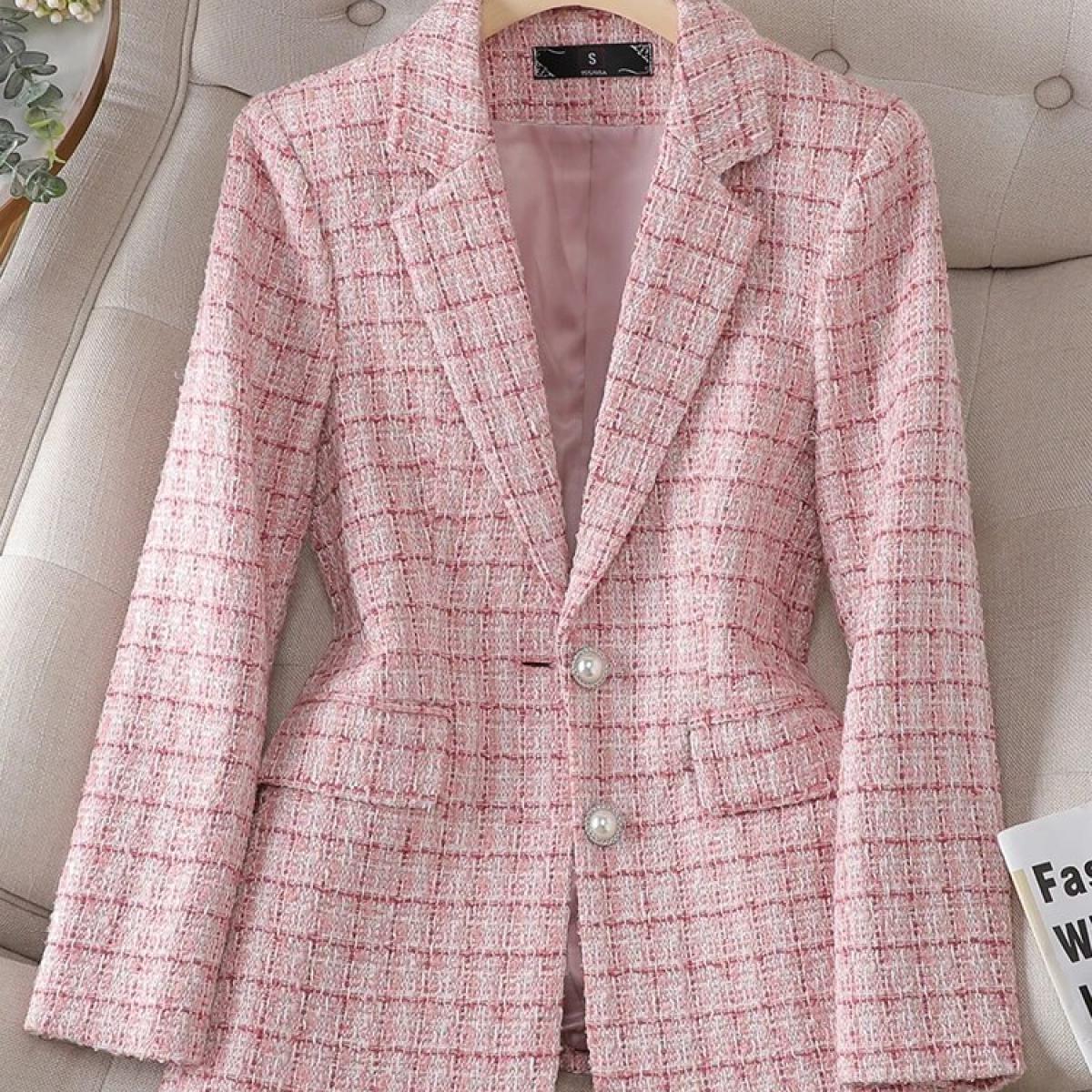 US 50.80 Long Sleeve Autumn Winter Women Blazer Ladies Pink Beige Plaid Female Casual Jacket Coat Blazers Description