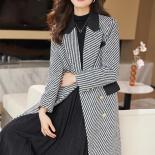 High Quality Autumn Winter Ladies Long Blazer Women Black Gray Striped Triple Breasted Female Casual Jacket Coat