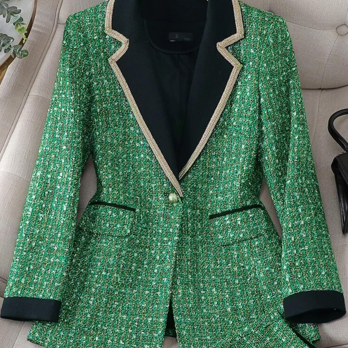 Fashion Women Casual Blazer Ladies Female Long Sleeve Black Green Plaid Single Button Straight Jacket Coat