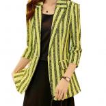 Women Half Sleeve Summer Spring Blazer Ladies Green Blue Stripe Single Button Female Formal Jacket Coat  Blazers