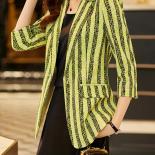 Women Half Sleeve Summer Spring Blazer Ladies Green Blue Stripe Single Button Female Formal Jacket Coat  Blazers