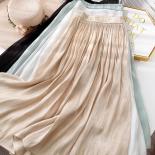 Soft Thin Spring Summer Pleated Skirt For Women Midi Long High Waist Aline Skirt Female Solid Boho Maxi Skirts Lady  Ski
