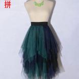 Green Patchwork Irregular Tulle Skirt Women 2022 New Spring Summer High Waist Midi Long Tutu Skirt Female Jupe Longue