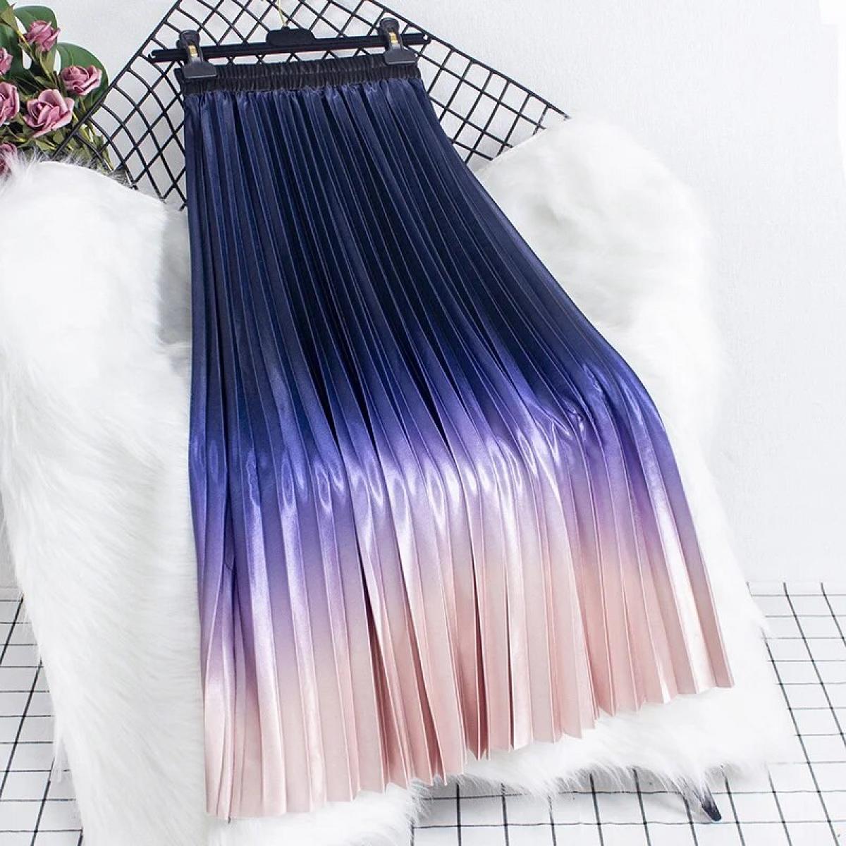 2022 Pleated Midi Skirts Womens Satin Tie Dye Gradient High Waist Long Skirt Stylish Casual Elegant Faldas Female