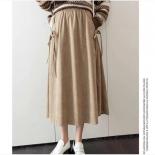 Jupe longue mi-longue en velours côtelé avec poches à nœud pour femme, jupe plissée, taille haute, kaki, ligne A, mode printemps