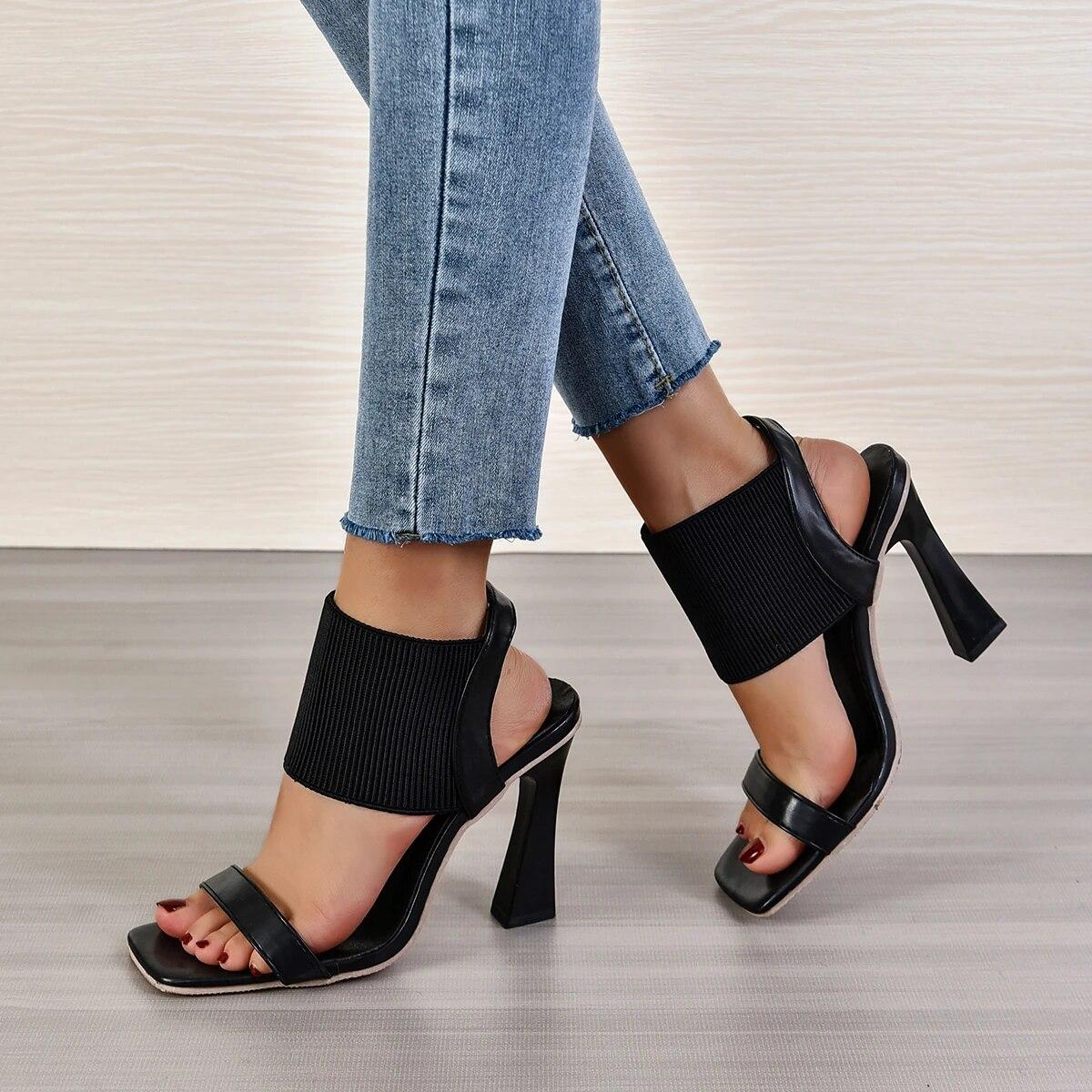High Heeled Shoes Summer New Square Head Women's Shoes Fashion Elastic Band Women's Sandals Zapatos De Tacon Mujer Elega