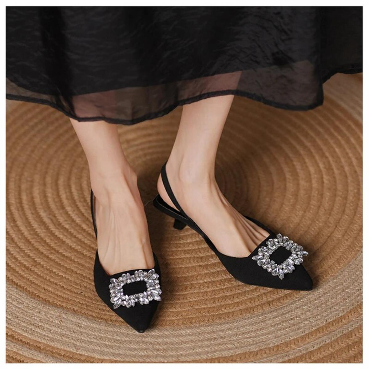 Summer New Style Fashion Women's Shoes Black Satin Crystal Strass Pointy Toe Stiletto Stripper Slingback High Heels Sand