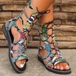 Women's Open Toe Wedge Sandals Summer Casual Beach Shoes Roman Snake Pattern Flat Strap Sandals For Women Platform Shoes