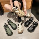 Bkqu  Sandals Women Summer 2022 New Genuine  Baotou Roman Sandals Ladies Retro Hollow Woven Women Sandals Womens Shoes