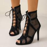 Heels Women 2023 Summer Fashionable Mesh Hollowed Out Lace Up Women's Sandals  Slim High Heels Party Shoes Sandalias Muj