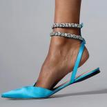 Shiny Crystal Flat Heels Gladiator Sandals Women 2023 Summer Pointed Toe Party Shoes Woman Ankle Straps Pumps Women's Sa