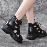 Retro Women Shoes 2023 High Quality Leather Women's Sandals High Top Lace Up Roman Sandals Fashion Platform Gladiator Sa