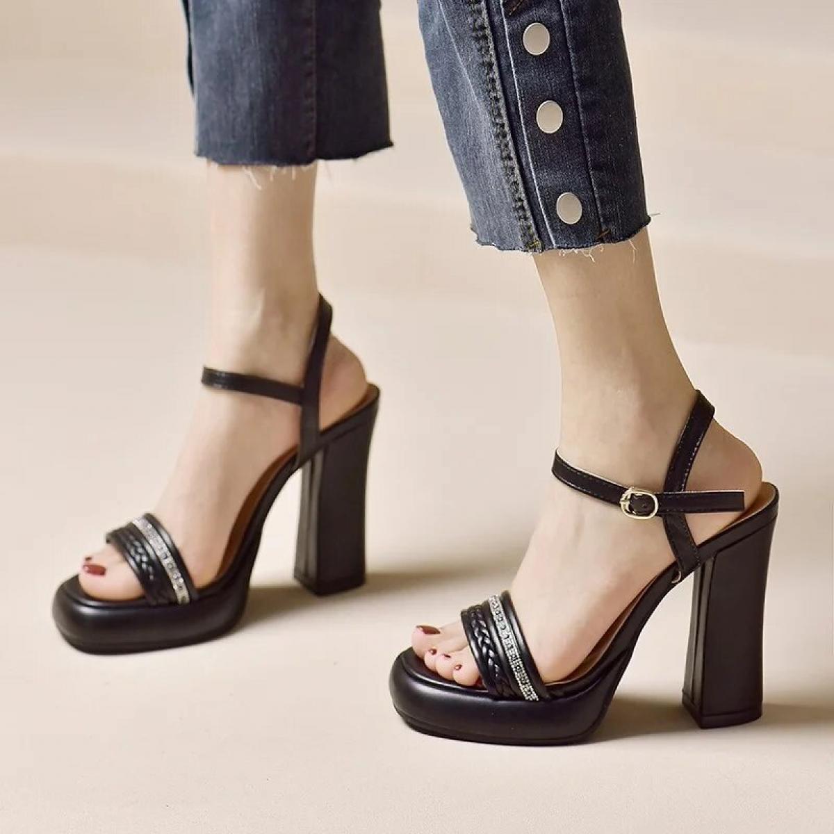 Women's Block Heel Shoes 2023 Summer New Vintage Abkle Strap Open Toe Women's Heeled Sandals Dress Office Platform Ladie