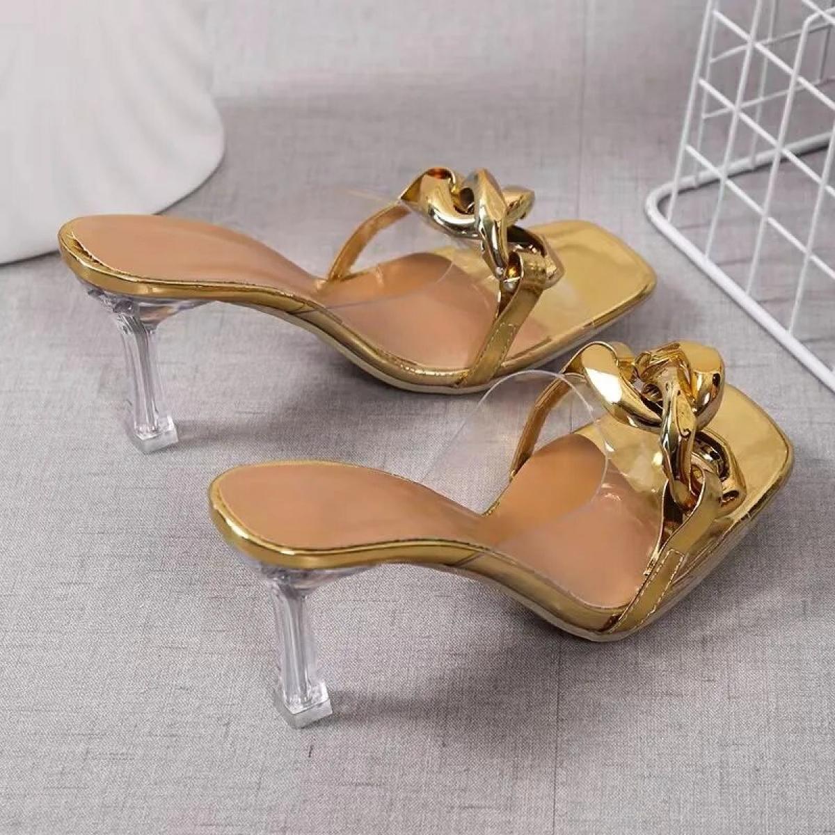 2022 Summer Big Chain Transparent Women's Slippers Of Sandals Square Toe Metal Chain High Heels Shoes Women Slides Thin 