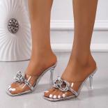 2022 Summer Big Chain Transparent Women's Slippers Of Sandals Square Toe Metal Chain High Heels Shoes Women Slides Thin 