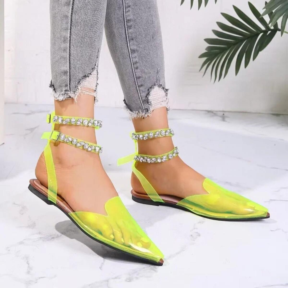 Plus Size Pionted Toe Sandals For Women Summer Flat Shoes New Fashion Plastic Rhinestones Closed Toe Ankle Strap Women's