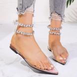 Plus Size Pionted Toe Sandals For Women Summer Flat Shoes New Fashion Plastic Rhinestones Closed Toe Ankle Strap Women's