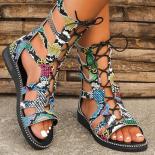 Women's Open Toe Wedge Sandals Summer Casual Beach Shoes Roman Snake Pattern Flat Cross Strap Sandals For Women Platform