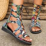 Women's Open Toe Wedge Sandals Summer Casual Beach Shoes Roman Snake Pattern Flat Cross Strap Sandals For Women Platform