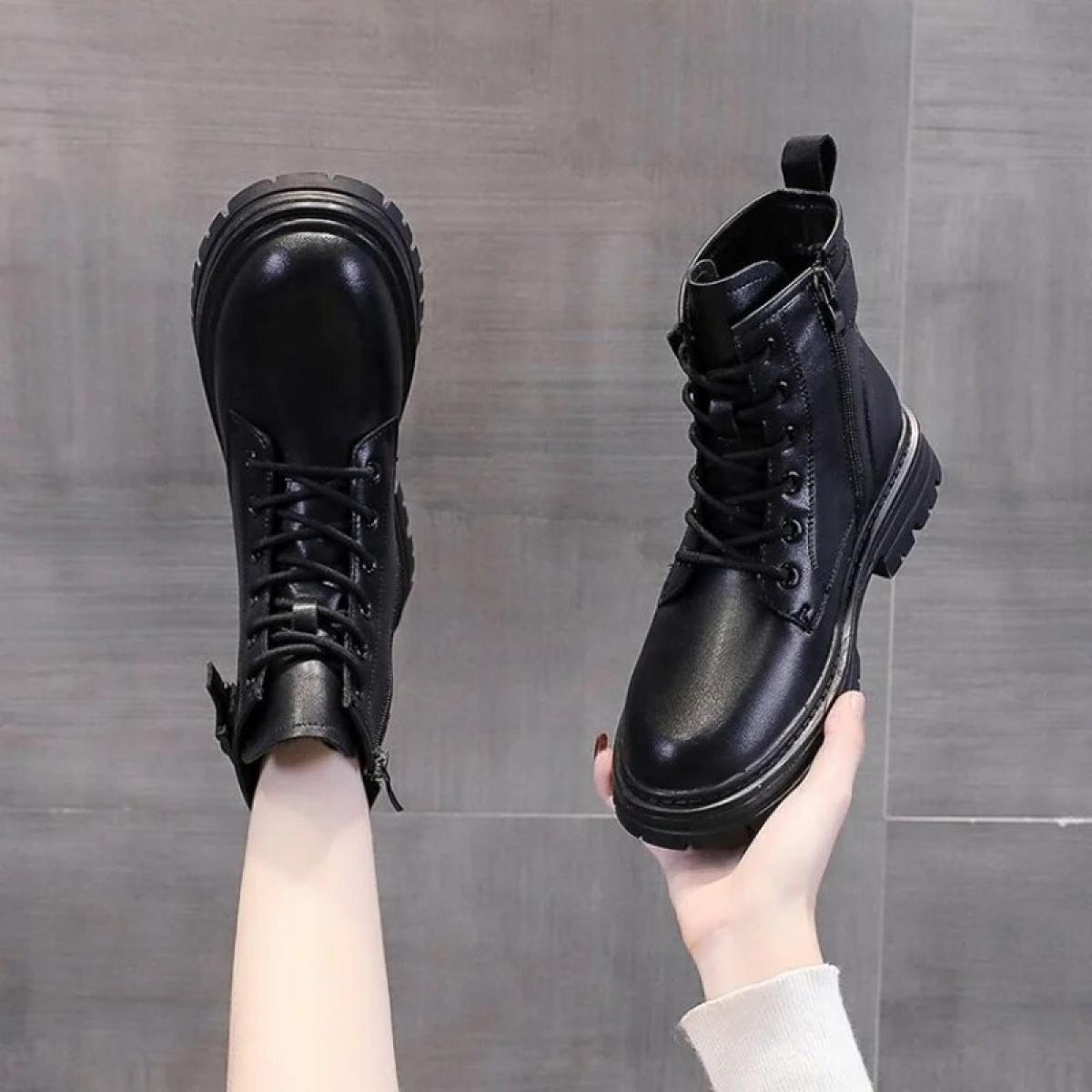 2022 New Black Pu Leather Ankle Boots Women Autumn Winter Round Toe Lace Up Zipper Shoes Woman Fashion Motorcycle Platfo