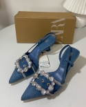 Za Baotou Sandals Women's Autumn New Blue Denim High Heels Pointed Toe Rhinestone Buckle Back Mixed Strap Stiletto Shoes