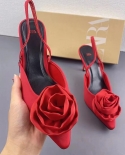 Za New Summer Shallow Mouth Pointed Toe Stiletto Sandals For Women Red Rose Flower Back Strap High Heels Women's Fashion