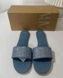 Za New Outer Wear Half-slip Sandals For Women, Flat-soled Flat Shoes With Blue Rhinestones And Bright Embellishments, Ro